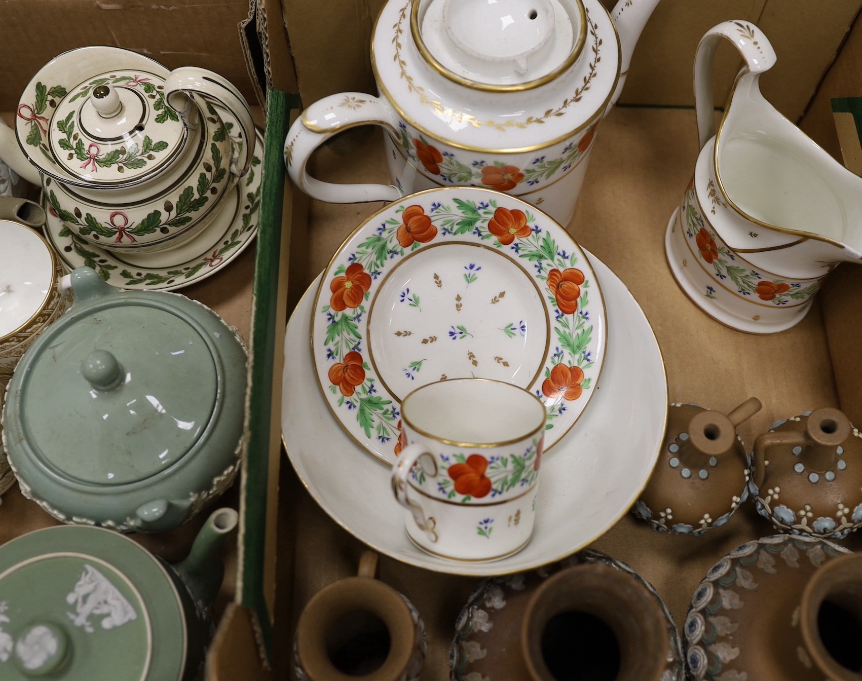 A group of Wedgwood tea wares, a Paris porcelain part tea set, Doulton silicon wares etc., 19th/20th century (two boxes)